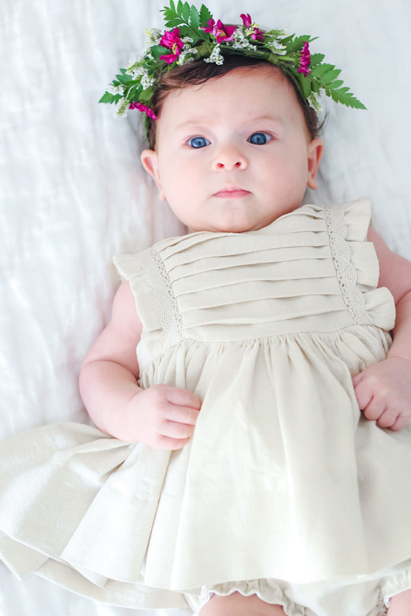 baby dresses Tessa Newborn Gown 100% silk dupioni in ivory Two Ditsy Floral Ruffle Cross Back