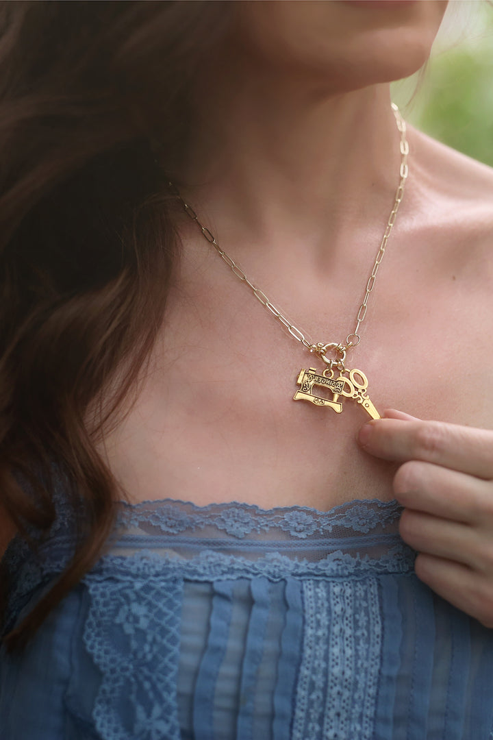 Vintage Sewing Charm Paperclip Chain Necklace