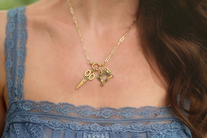 Vintage Sewing Charm Paperclip Chain Necklace